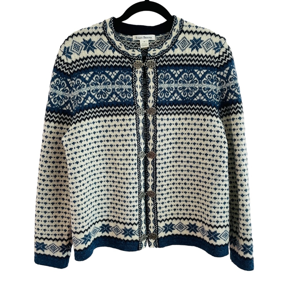 Stunning Vintage Susan Bristol Wool Nordic Sweater Size Medium Silver Clasps